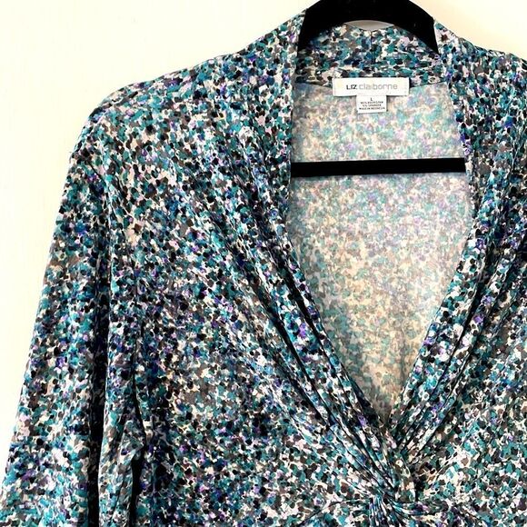 Liz Claiborne v-neck twist detail long sleeve abstract print stretchy blouse L - Picture 2 of 9